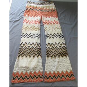 Womens Pants Chervon Pattern Flared Leg Lined Beige Brown Large Beach Hippie